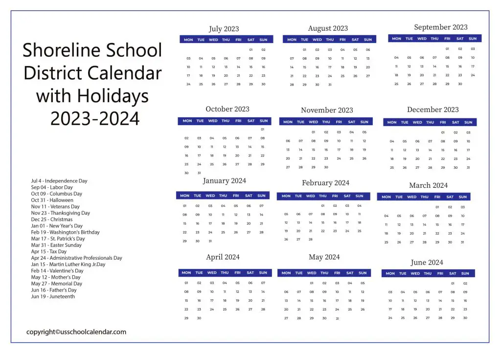 Shoreline School District Holiday Calendar