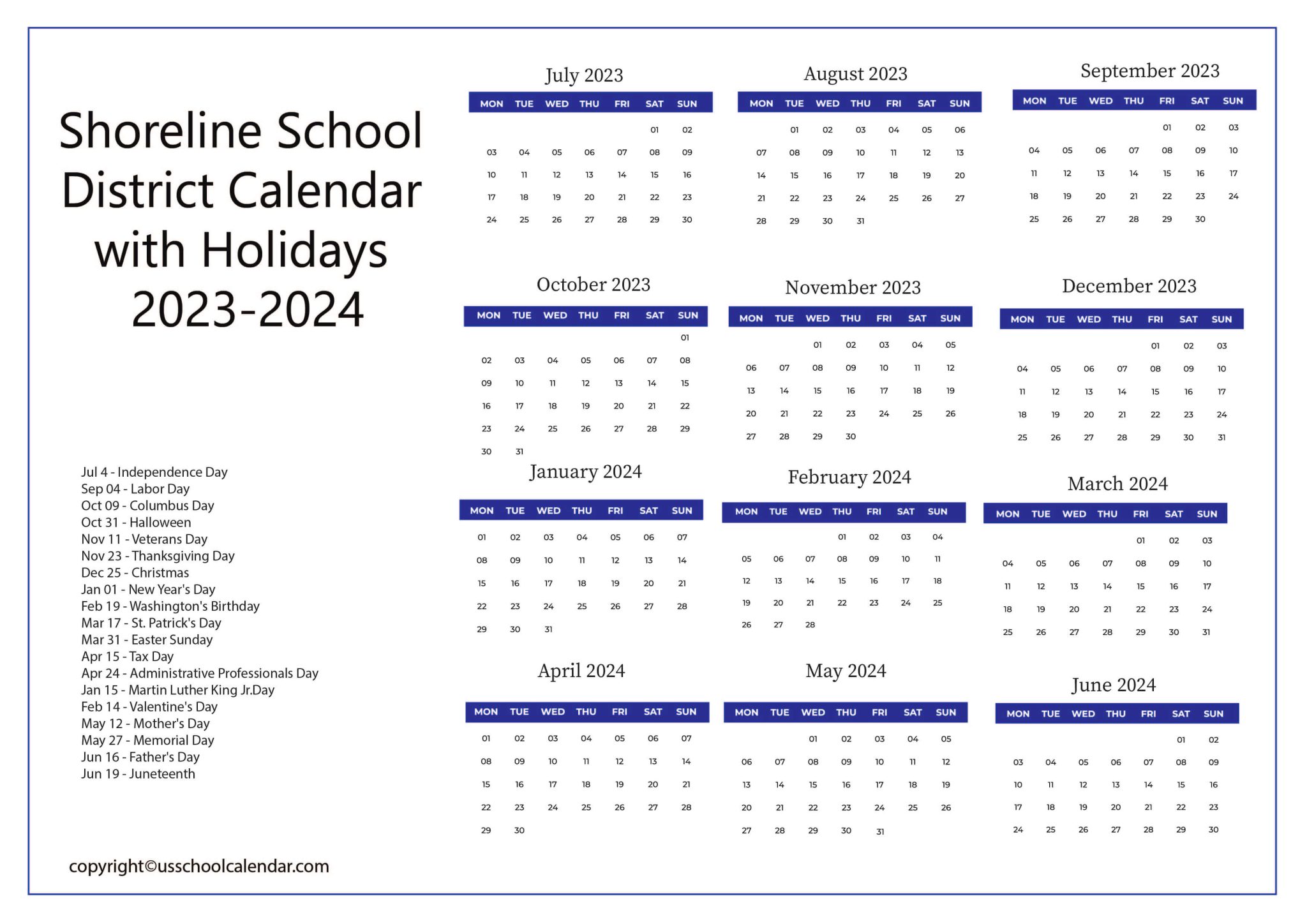 Shoreline School District Calendar with Holidays 20232024