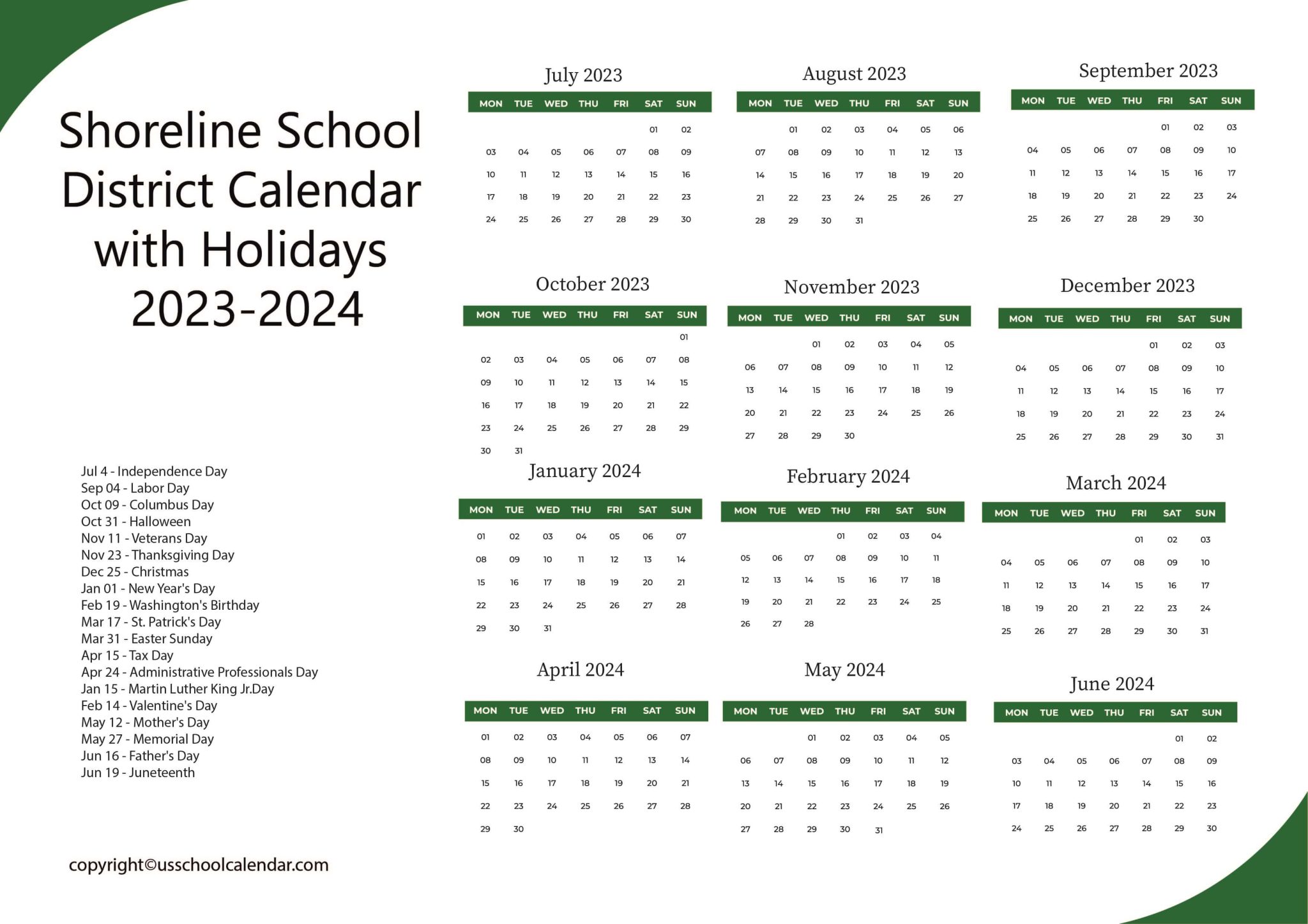 Shoreline School District Calendar with Holidays 2023-2024