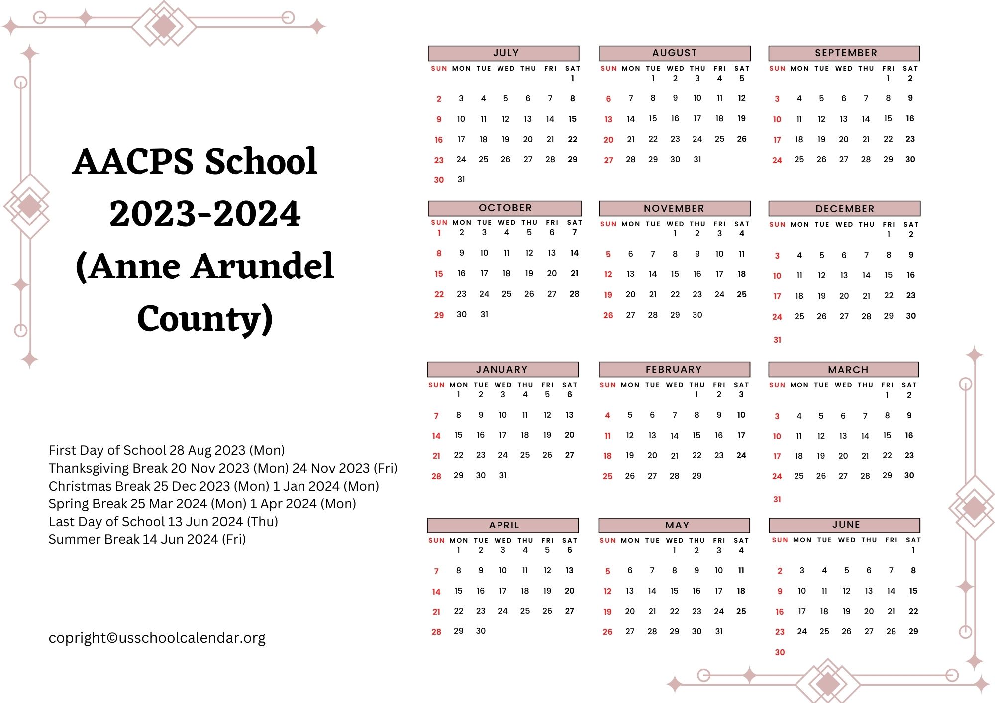 AACPS School Calendar for 20232024 [Anne Arundel County]