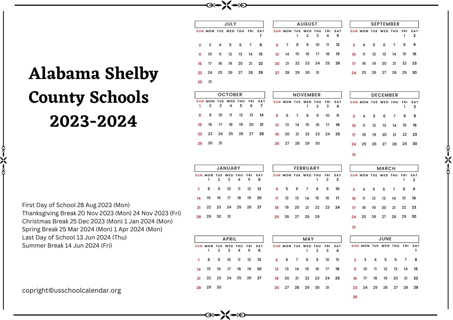 Alabama Shelby County Schools Calendar 20232024