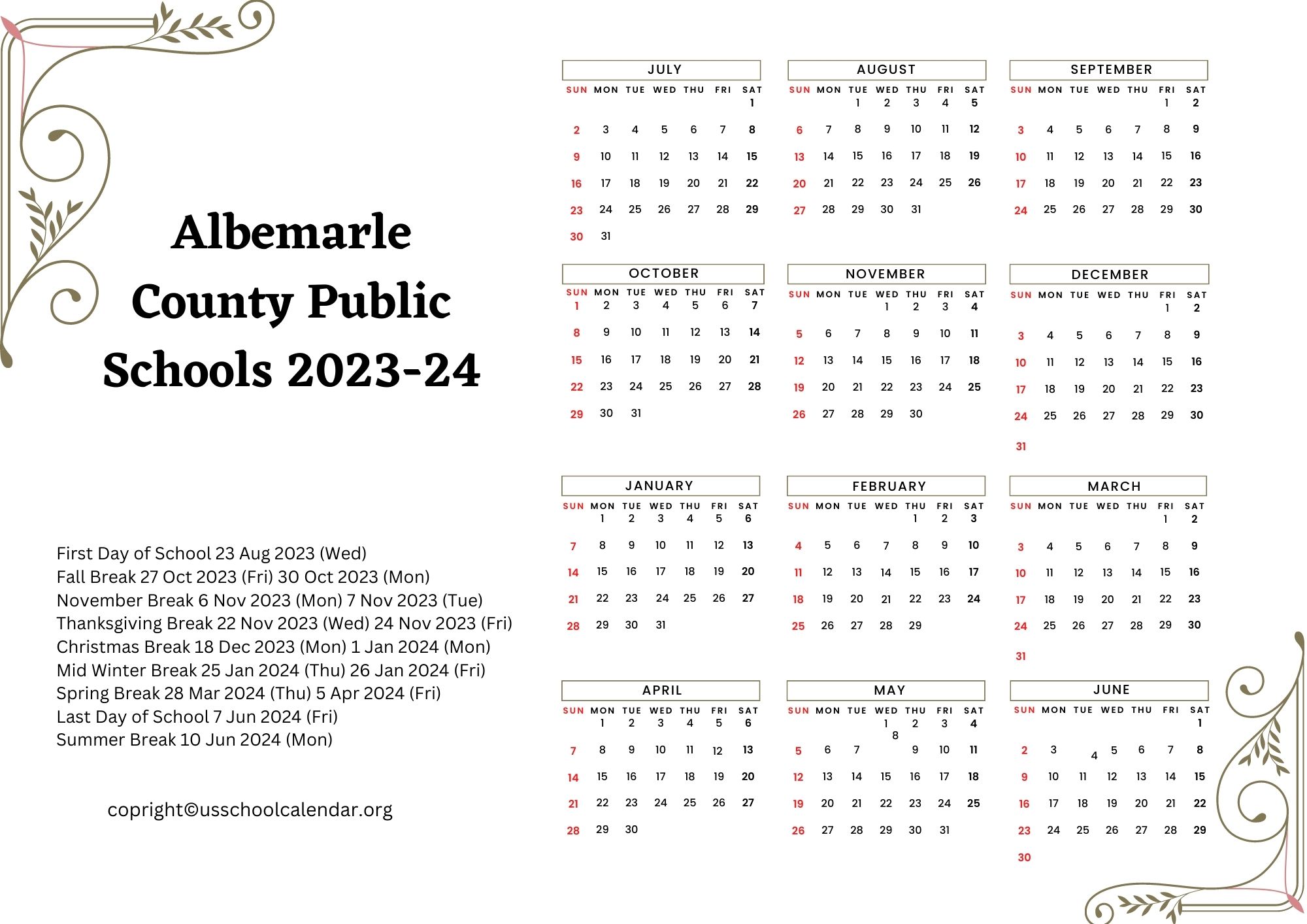 Albemarle County Public Schools Calendar Holidays 20232024