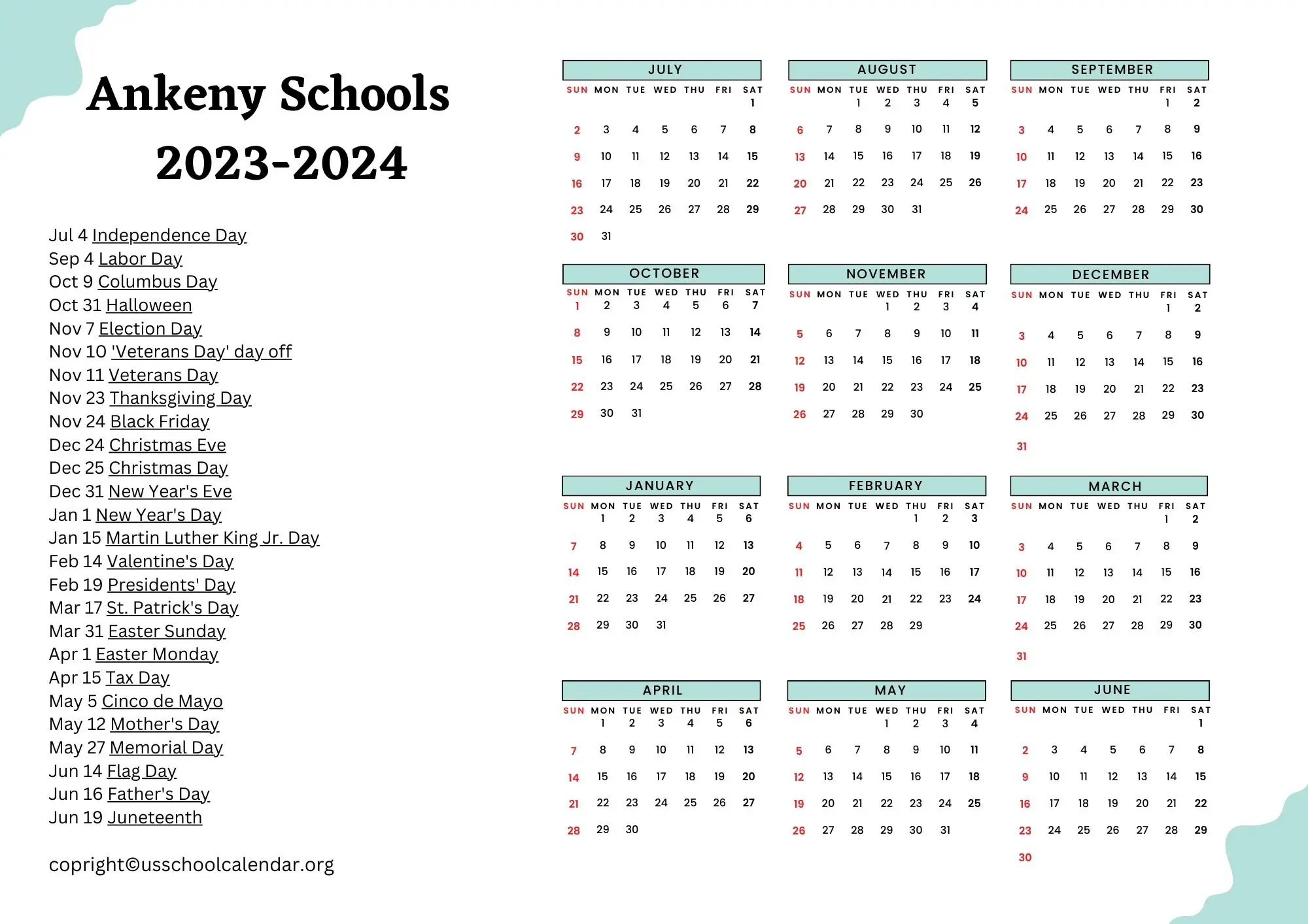 Ankeny Schools Calendar with Holidays 20232024