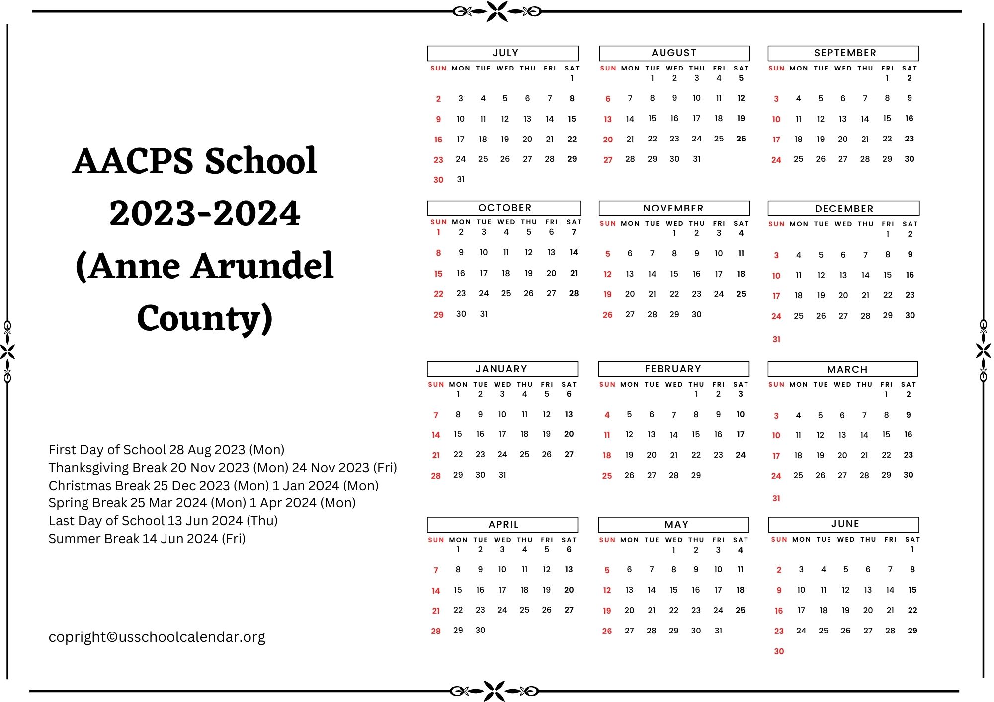 AACPS School Calendar for 20232024 [Anne Arundel County]