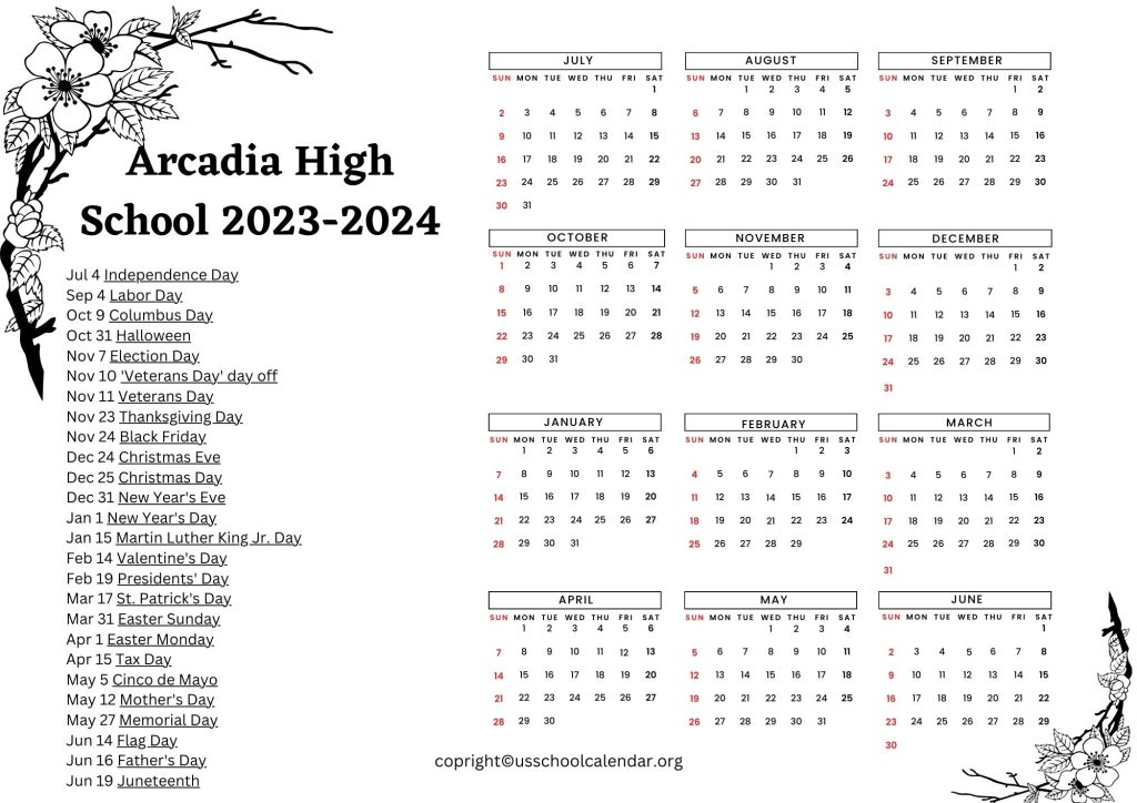 Arcadia High School Calendar