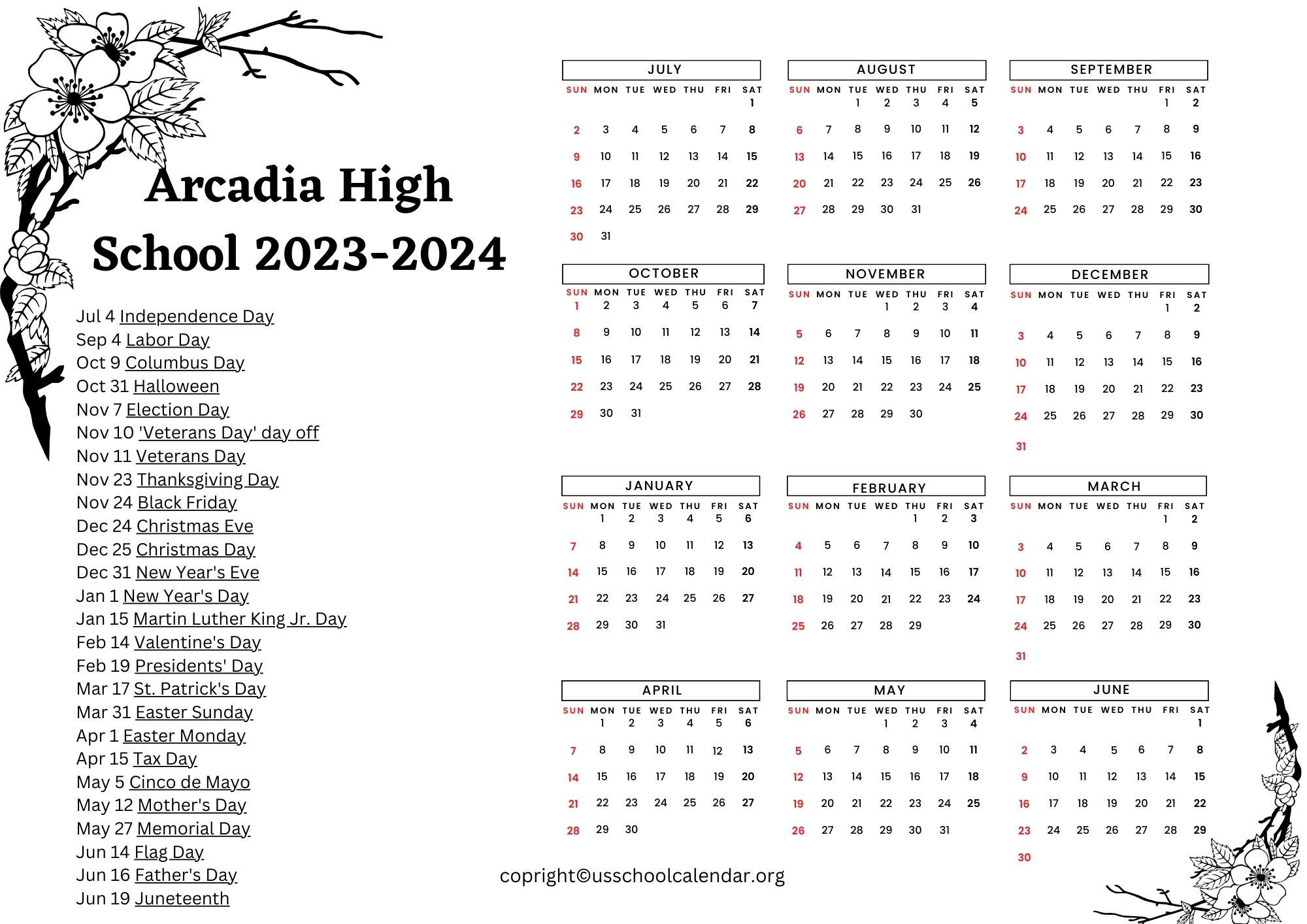 Arcadia High School Calendar with Holidays 20232024