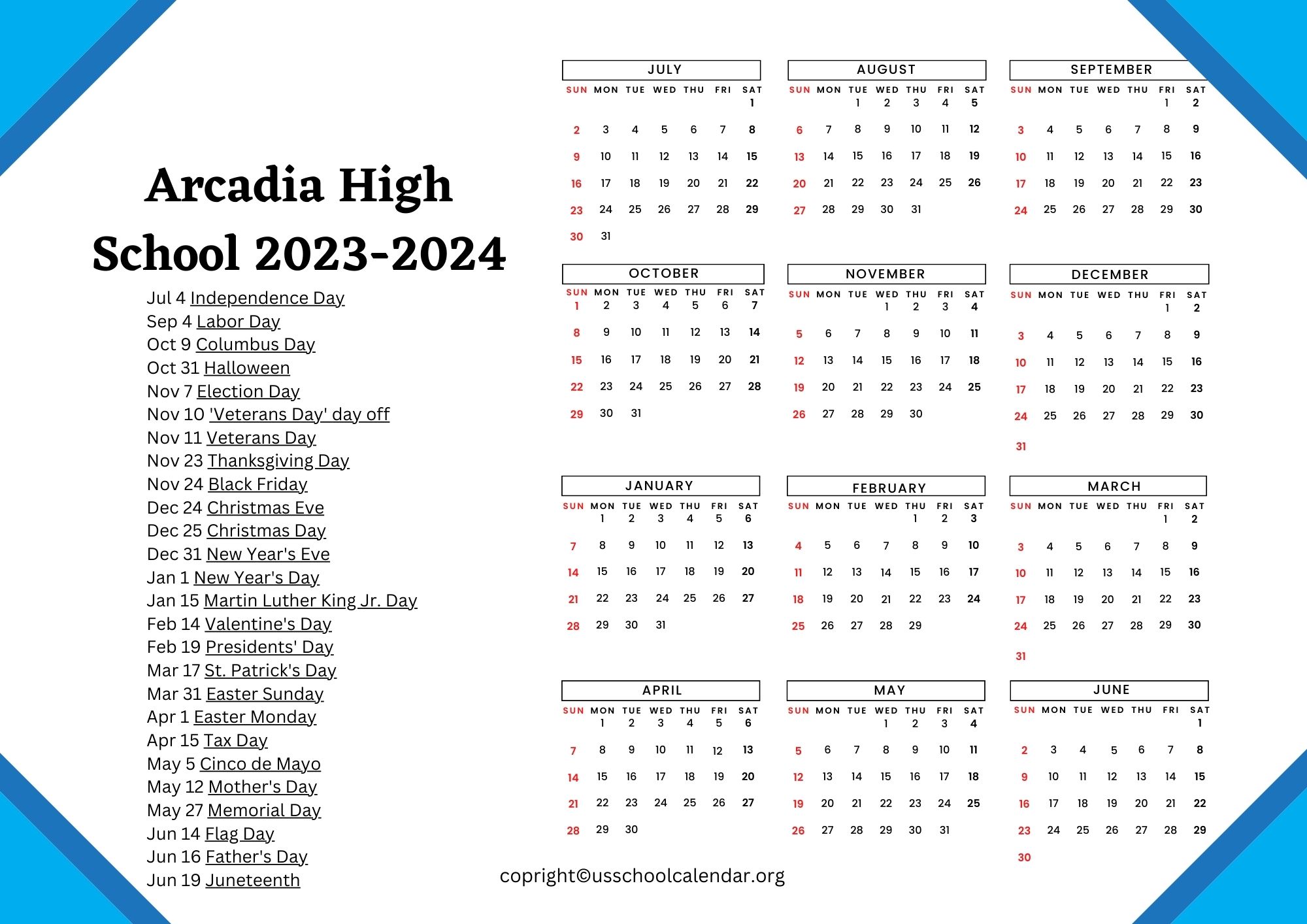 Arcadia High School Calendar with Holidays 20232024