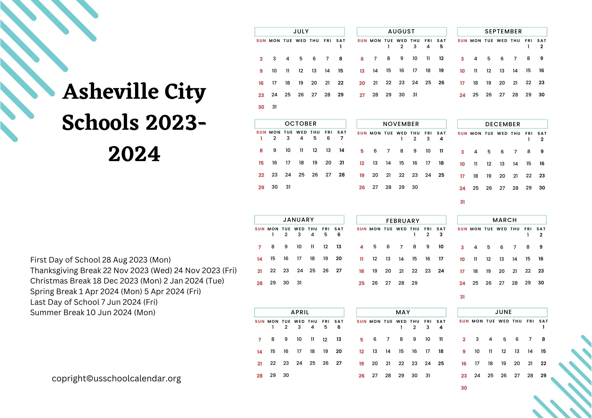 Asheville City Schools Calendar with Holidays 2023 2024
