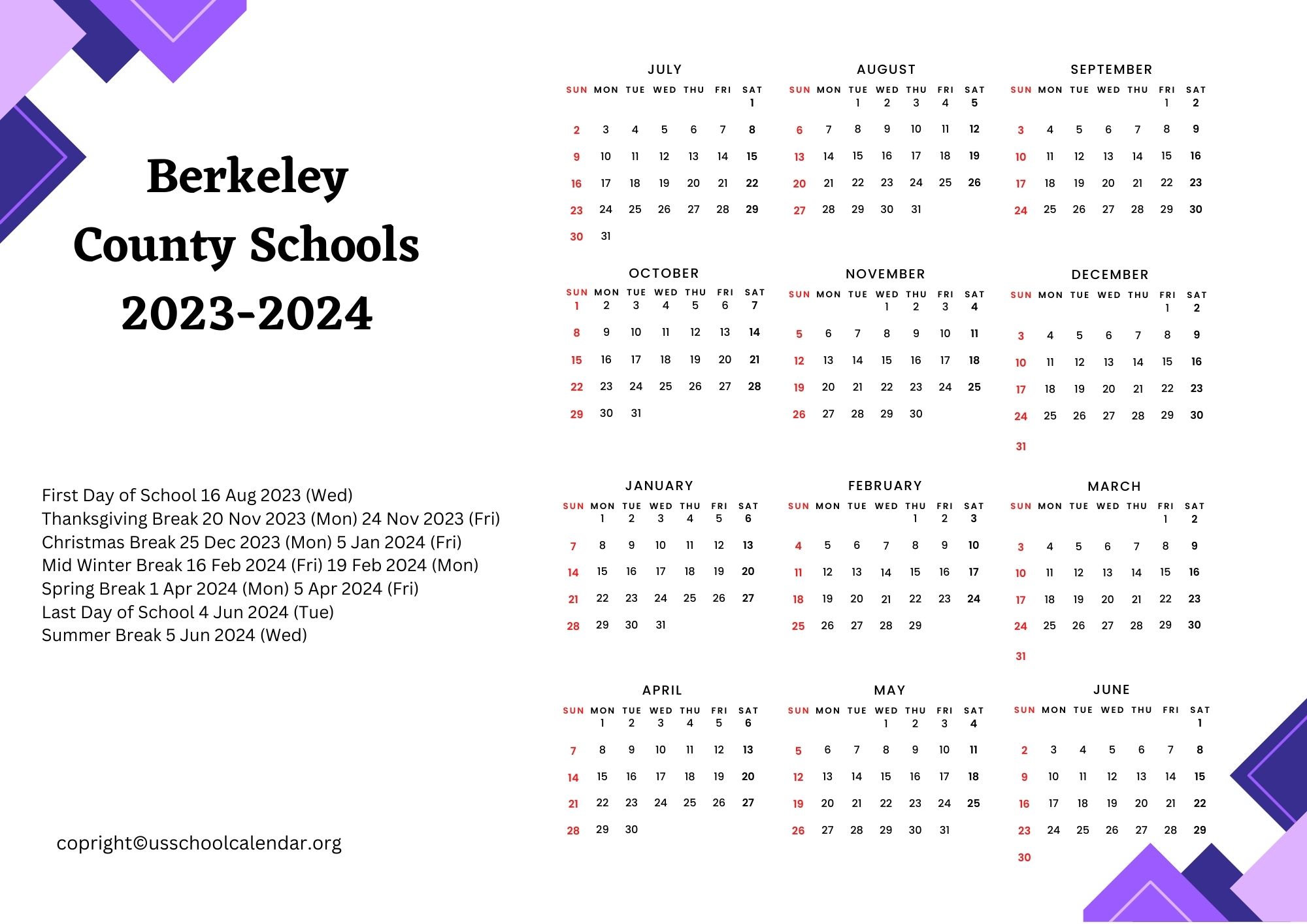 Berkeley County Schools Calendar with Holidays 20232024