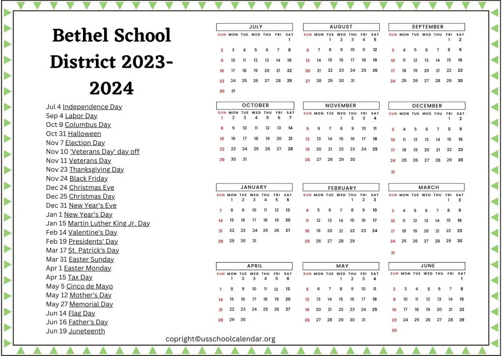 Bethel School District Calendar