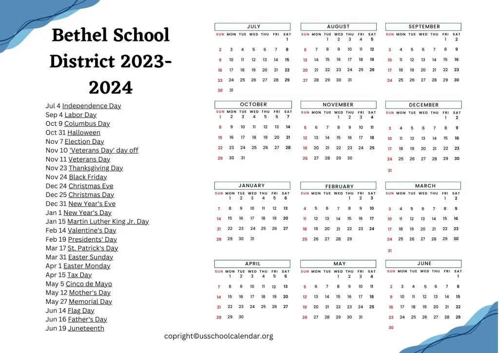 Bethel School District Holiday Calendar