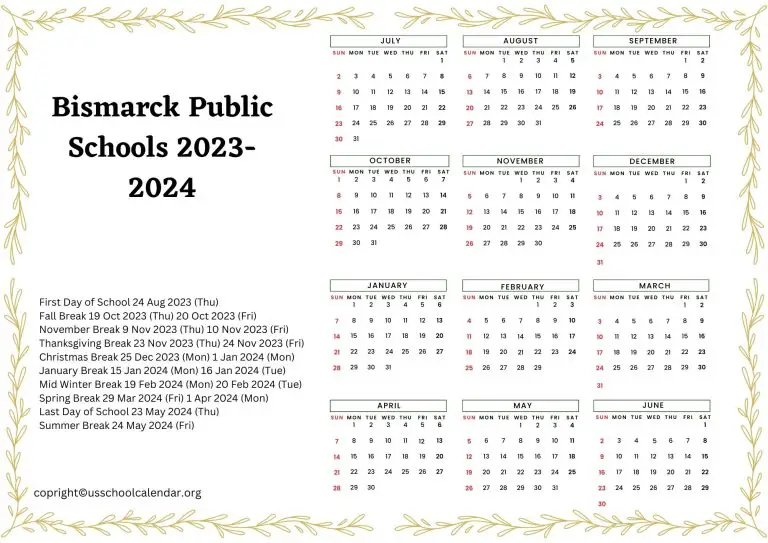 Bismarck Public Schools Calendar with Holidays 2023-2024