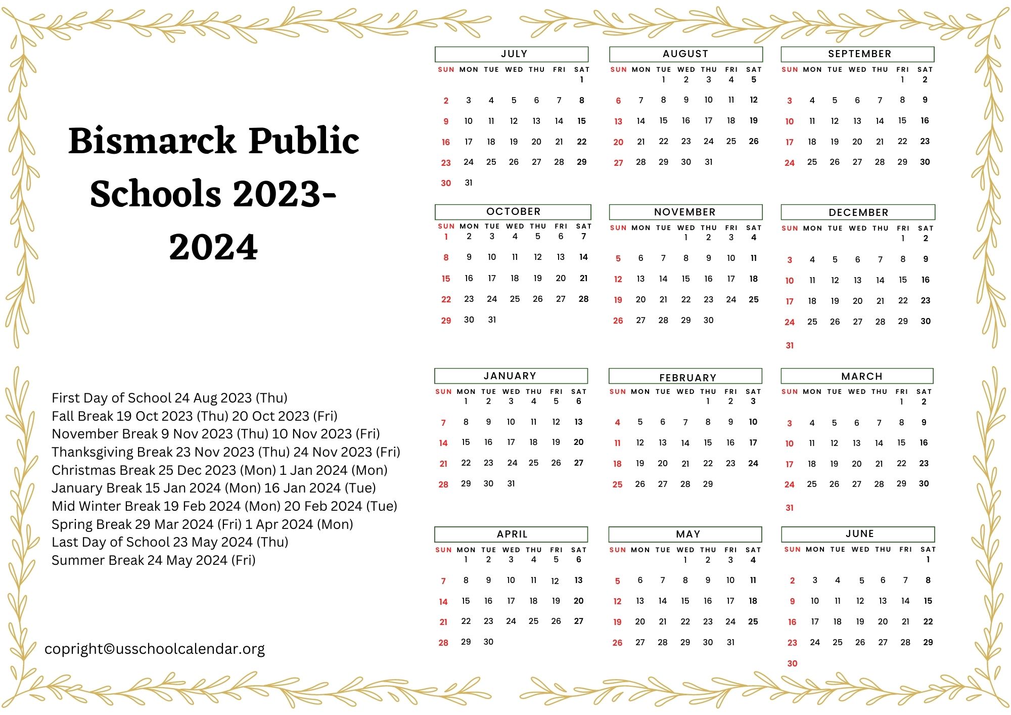 Bismarck Public Schools Calendar with Holidays 20232024