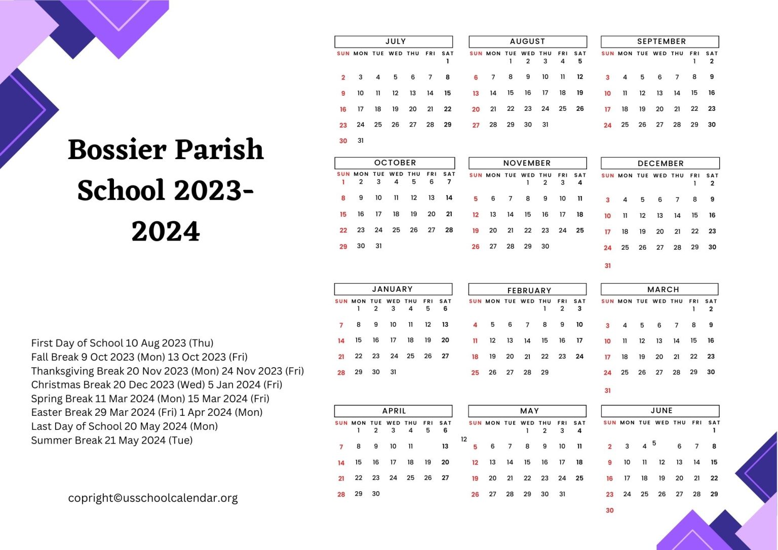 Bossier Parish School Calendar with Holidays 20232024
