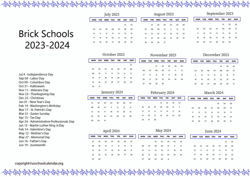 Brick Schools Calendar