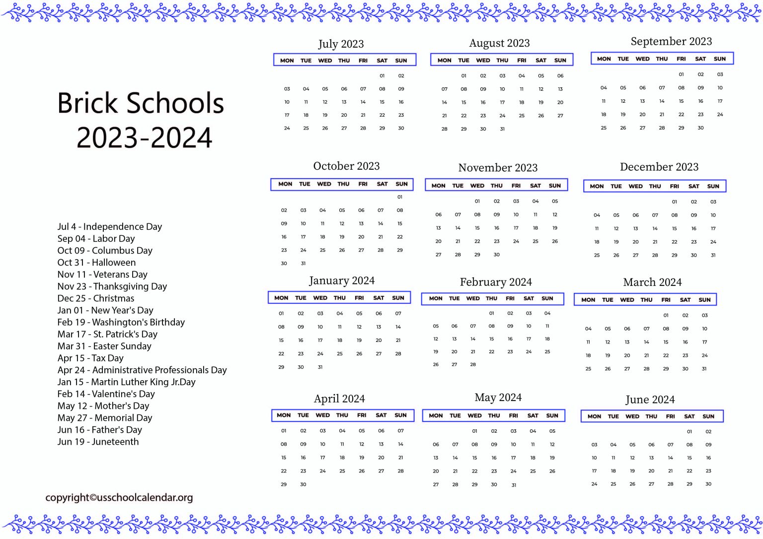 Brick School Calendar 2025