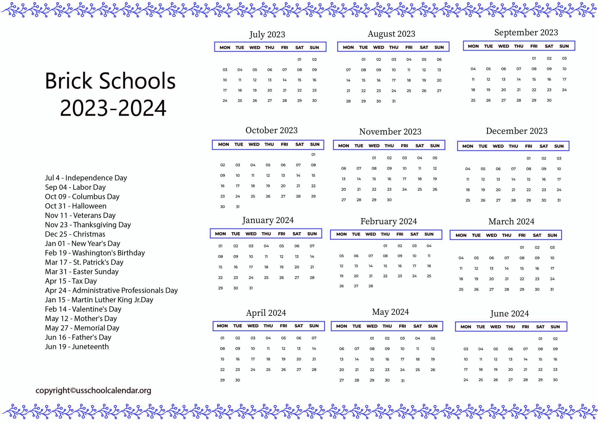 Brick Schools Calendar with Holidays 20232024