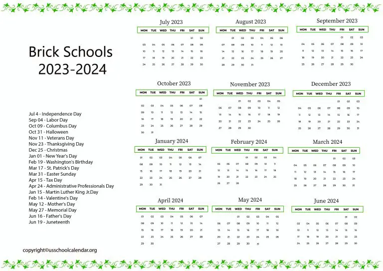 Brick Schools Calendar with Holidays 20232024