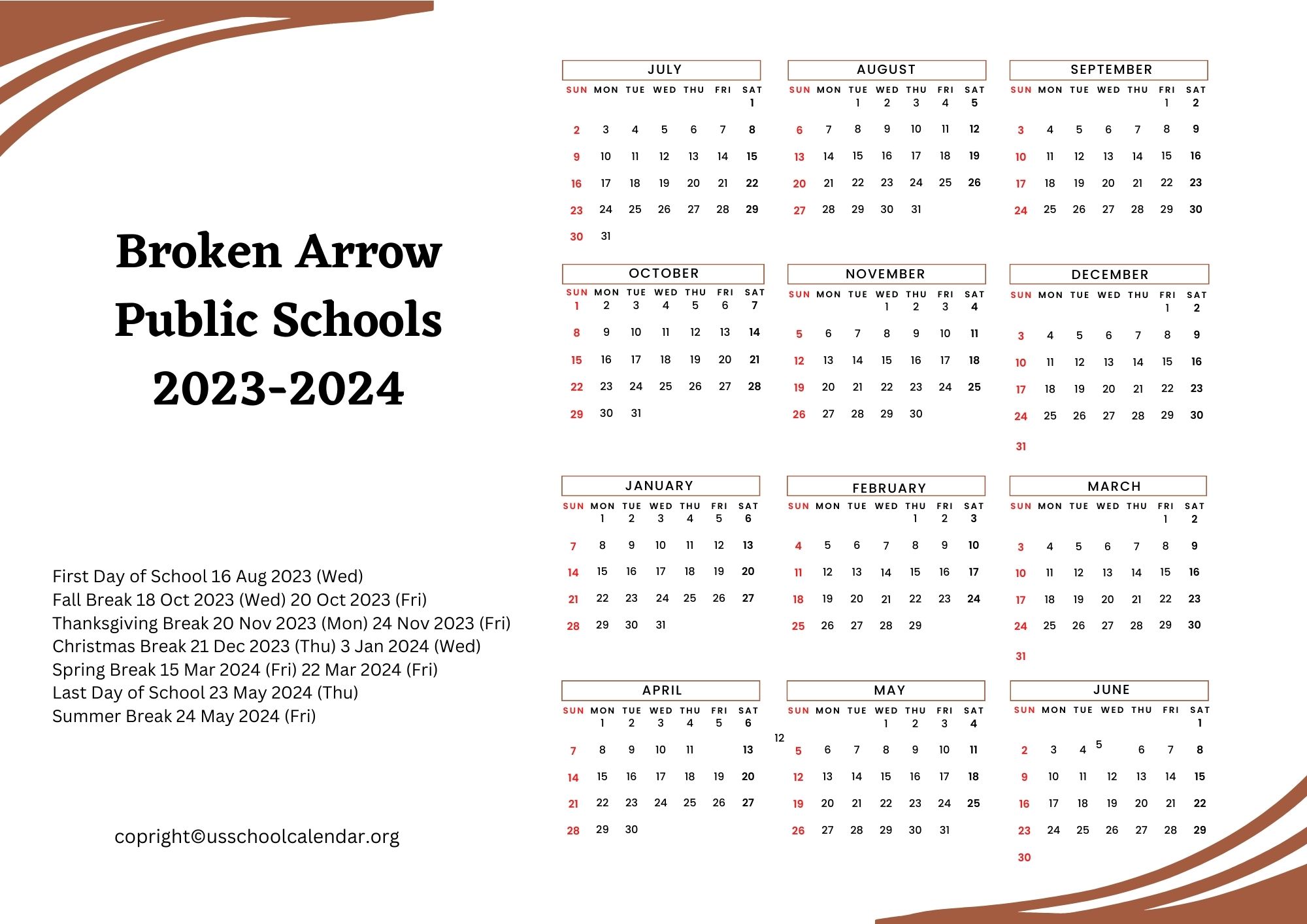 Broken Arrow Public Schools Calendar with Holidays 20232024