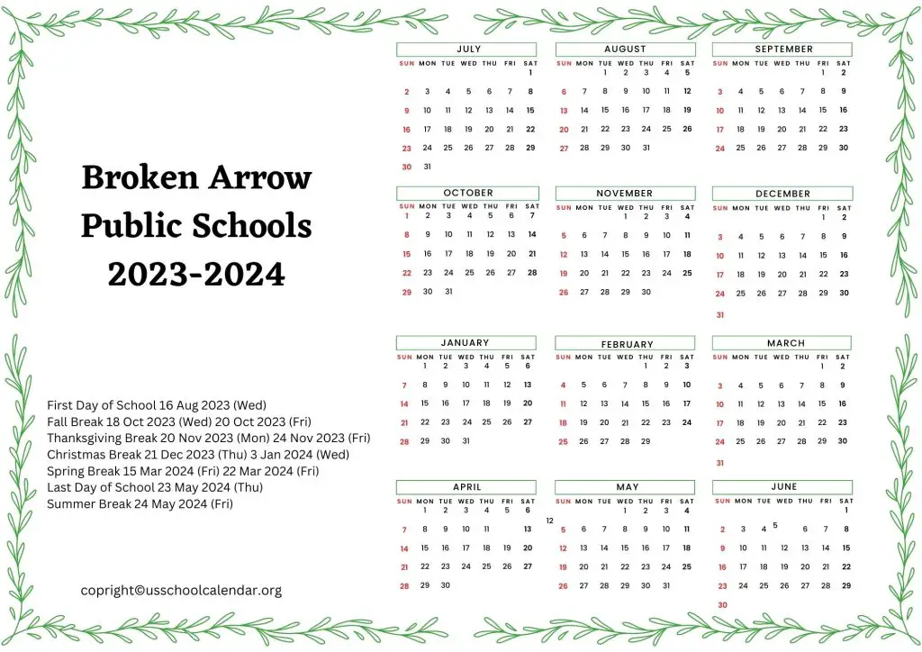 Broken Arrow Public Schools Holiday Calendar