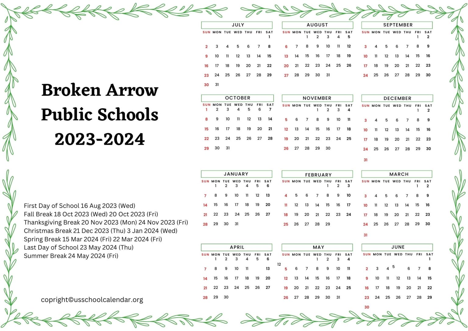 Broken Arrow Public Schools Calendar with Holidays 2023 2024