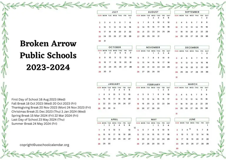 Broken Arrow Public Schools Calendar with Holidays 20232024