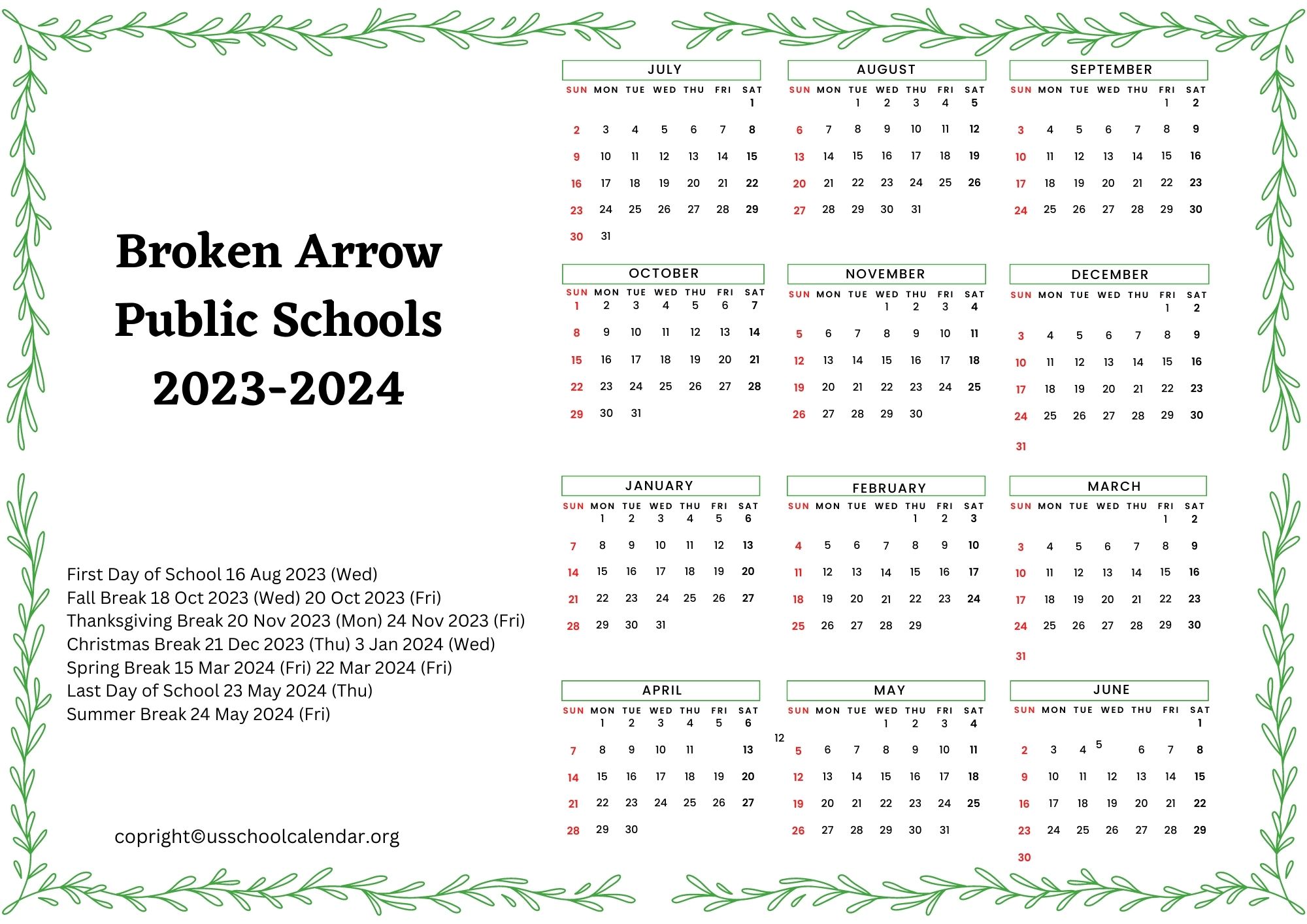 Broken Arrow Public Schools Calendar with Holidays 20232024