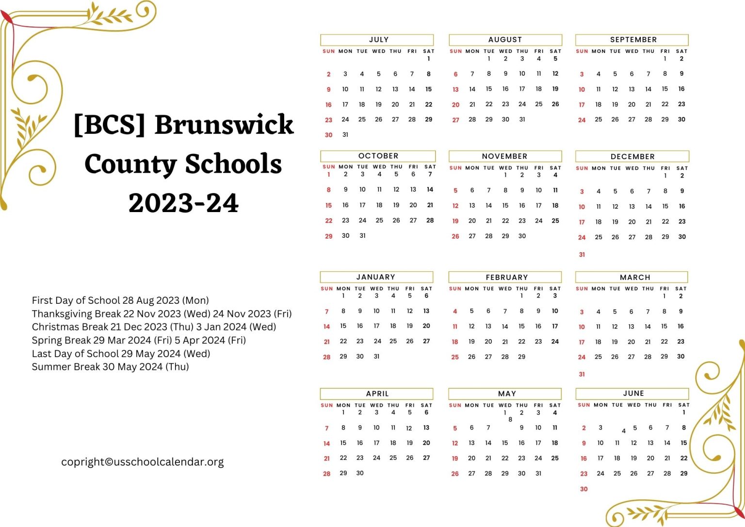 [BCS] Brunswick County Schools Calendar Holidays 20232024
