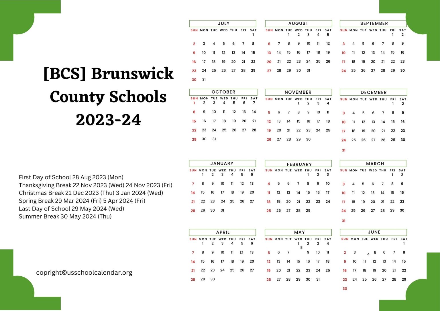 [BCS] Brunswick County Schools Calendar Holidays 20232024