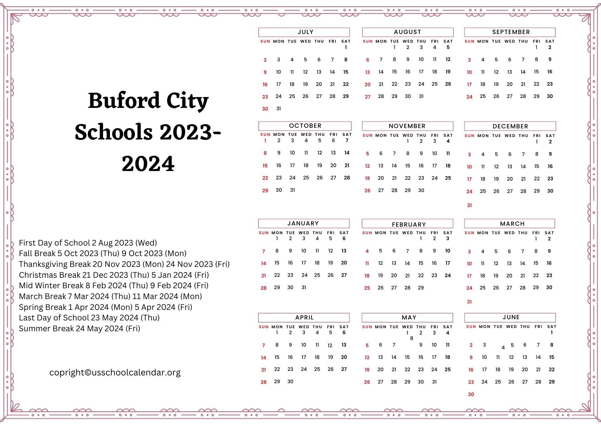 Buford City Schools Calendar with Holidays 2023 2024