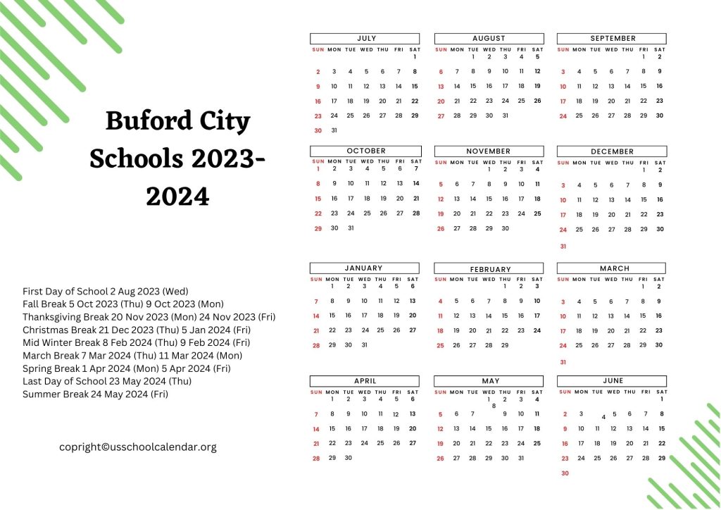 Buford City Schools Holiday Calendar