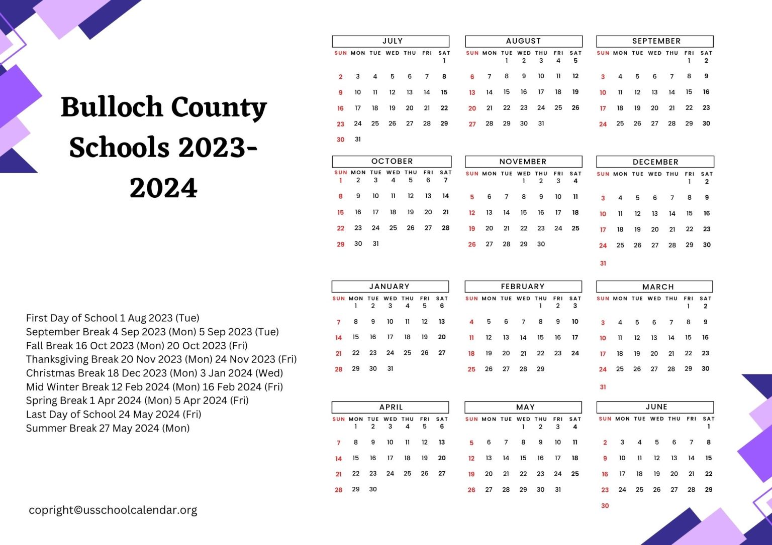 Bulloch County Schools Calendar with Holidays 20232024