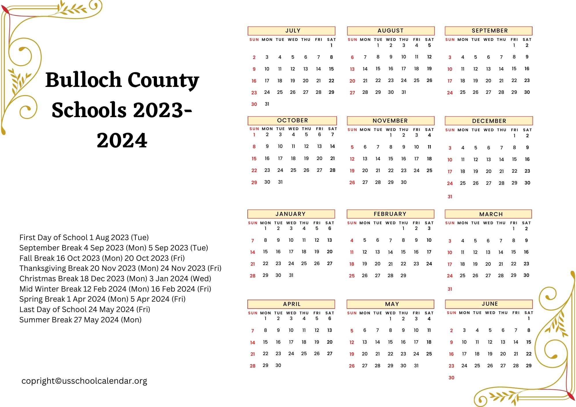 Bulloch County Schools Calendar with Holidays 20232024