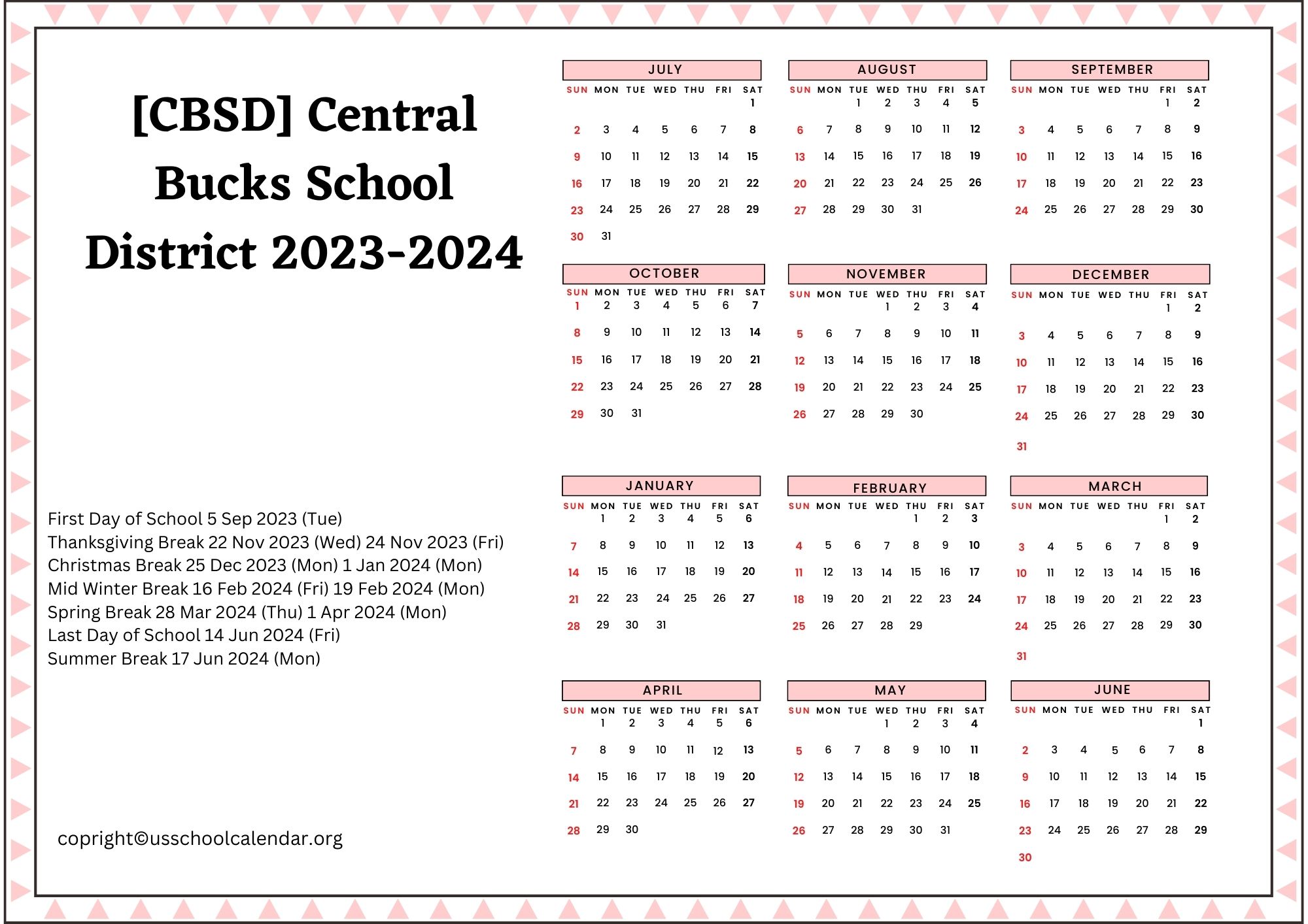 [CBSD] Central Bucks School District Calendar Holidays 20232024
