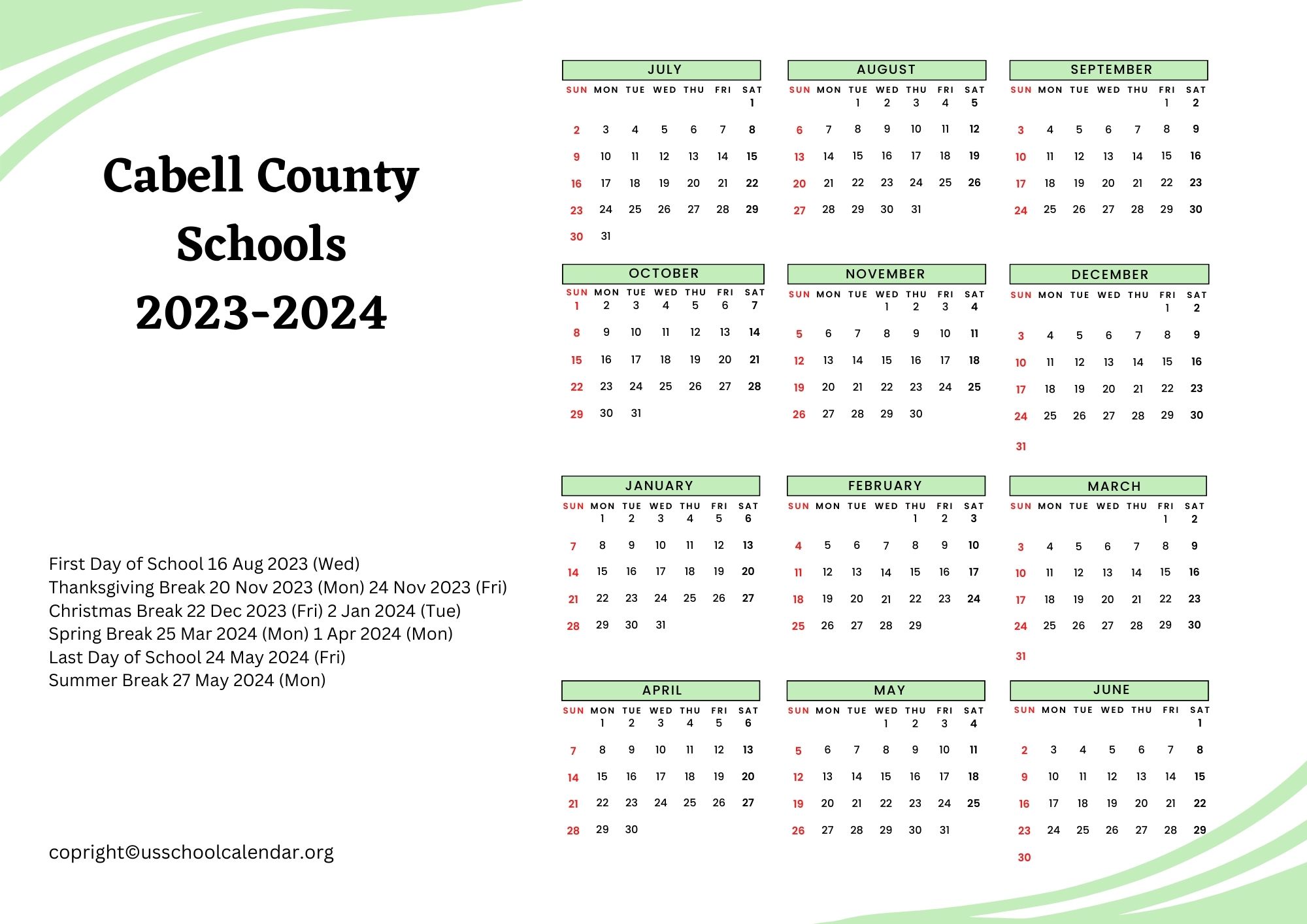 Cabell County Schools Calendar with Holidays 20232024