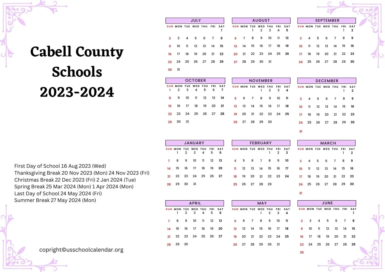 Cabell County Schools Calendar with Holidays 2023-2024