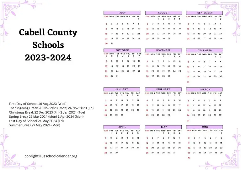 Cabell County Schools Calendar with Holidays 20232024