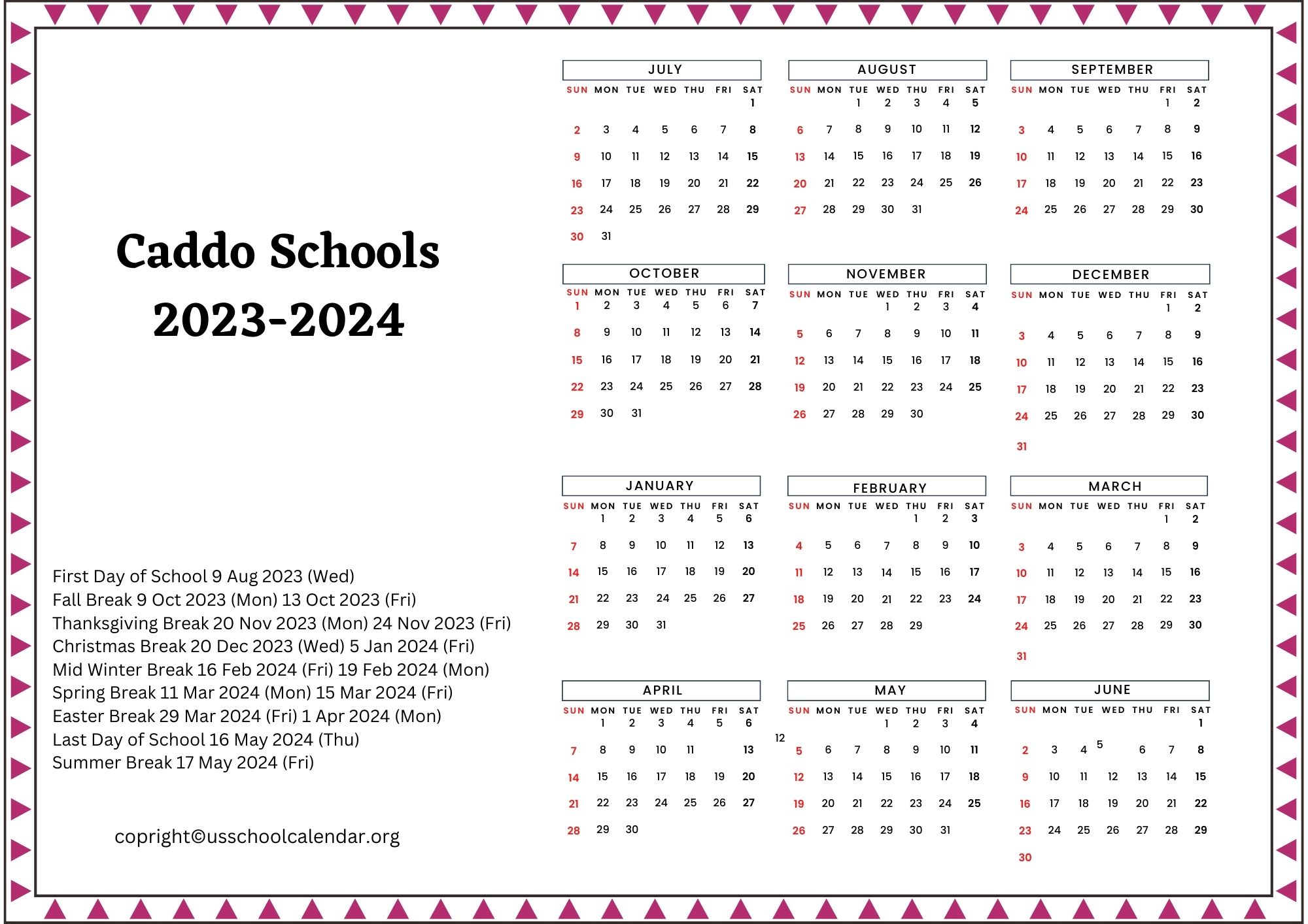 Caddo Schools Calendar with Holidays 20232024