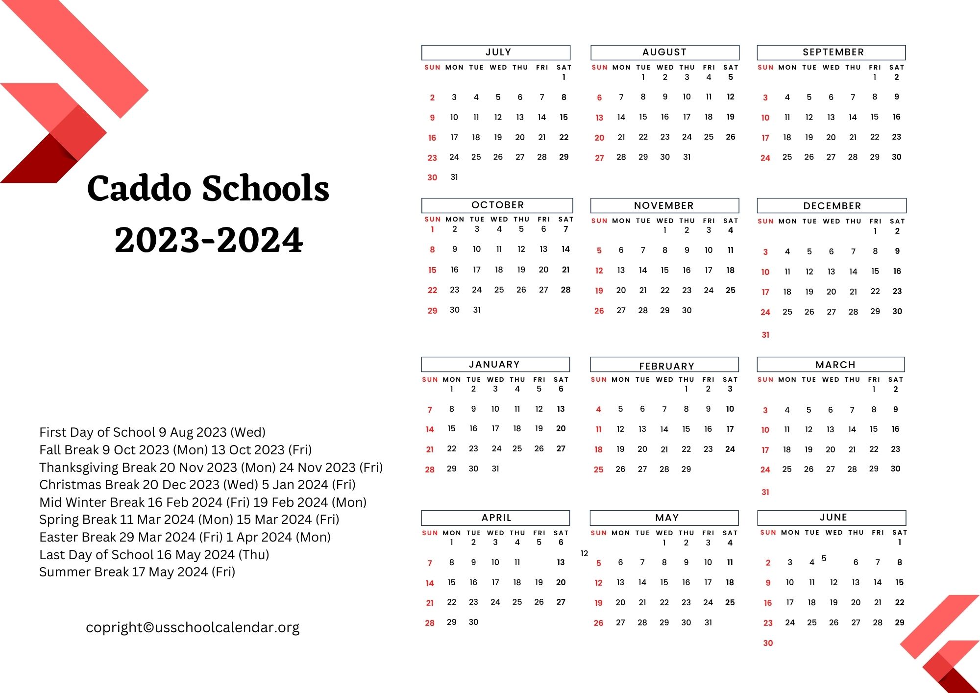 Caddo Schools Calendar with Holidays 20232024