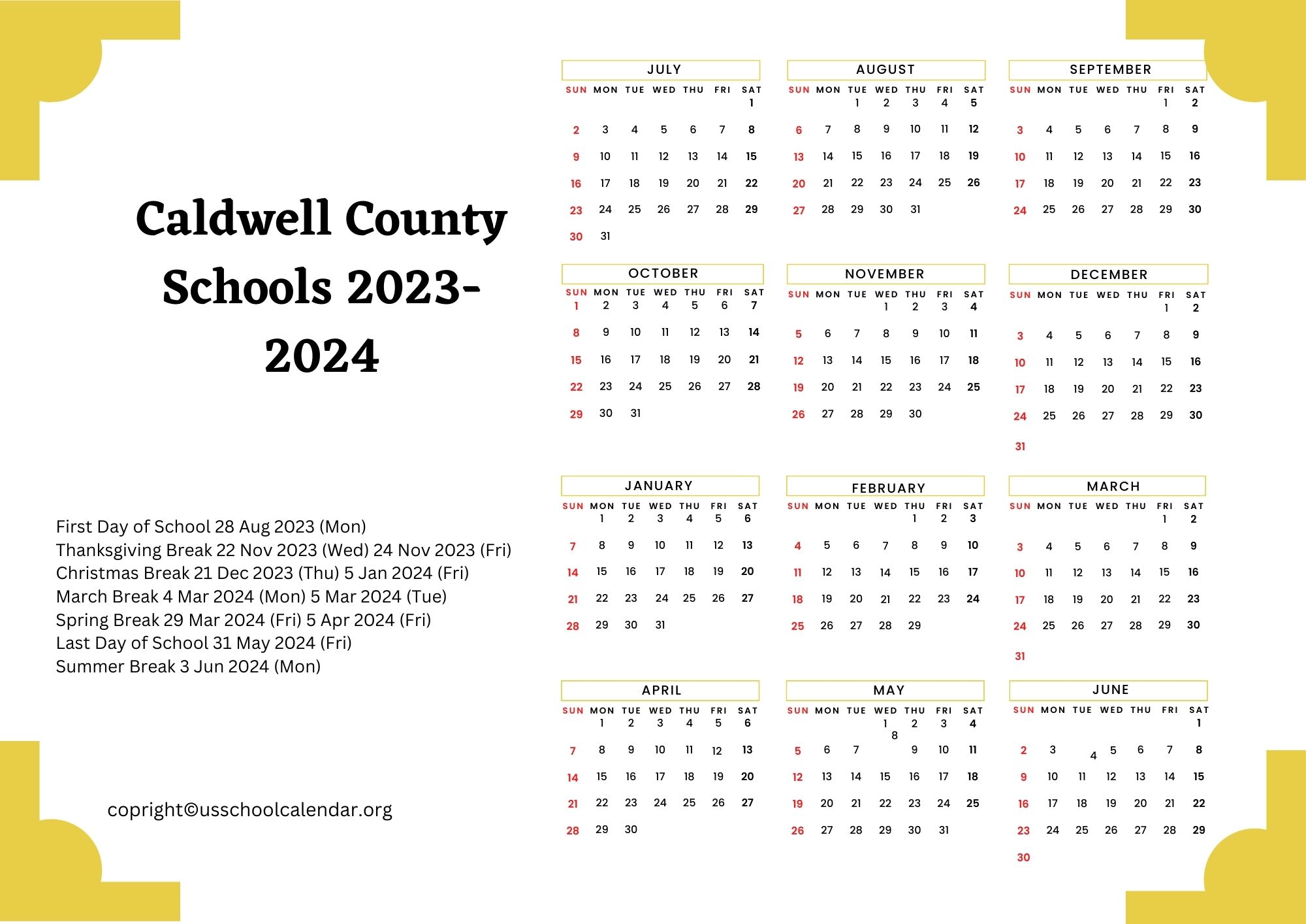 Caldwell County Schools Calendar with Holidays 20232024