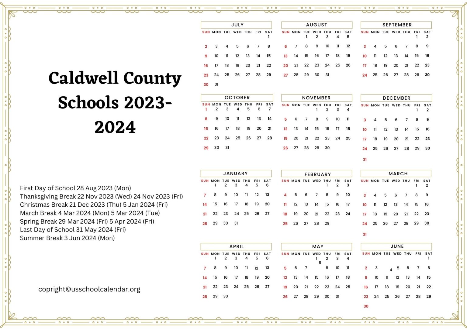 Caldwell County Schools Calendar with Holidays 20232024