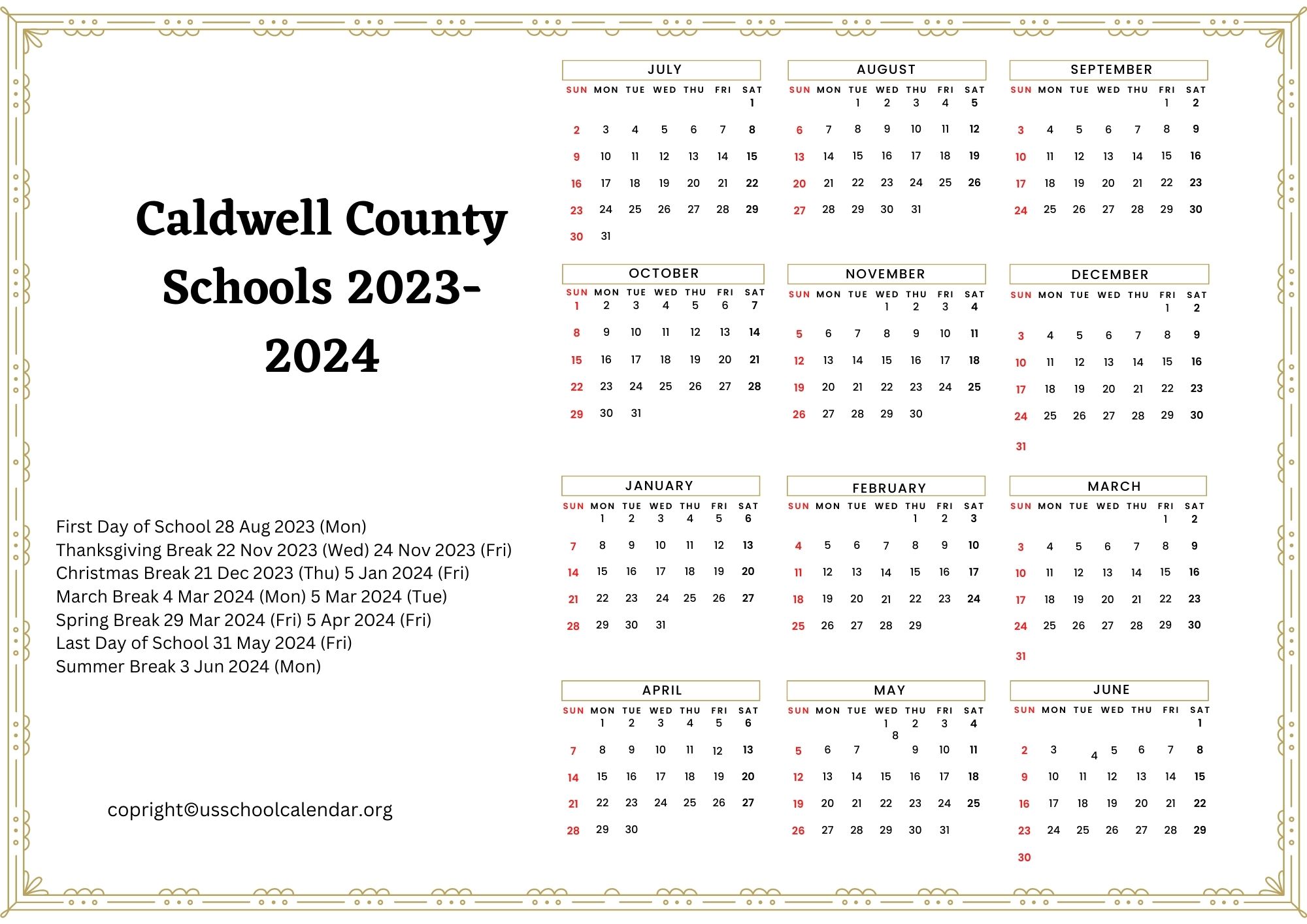 Caldwell County Schools Calendar with Holidays 20232024