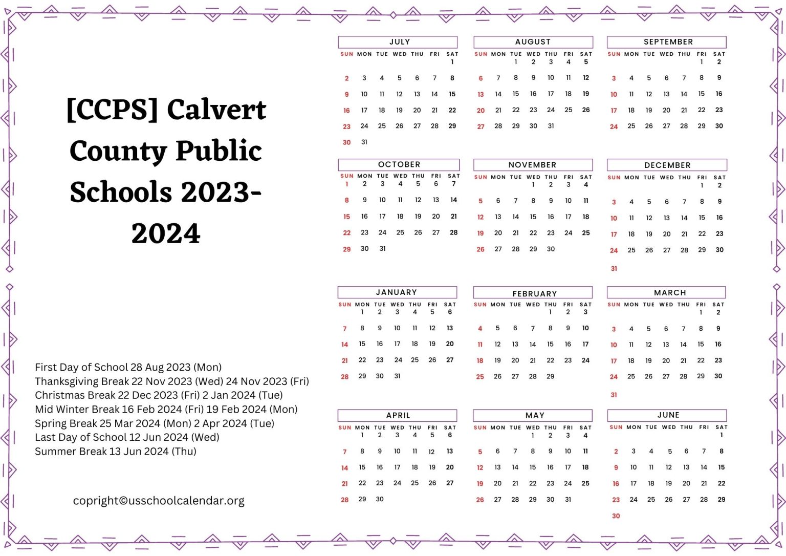 CCPS Calvert County Public Schools Calendar for 2023 2024