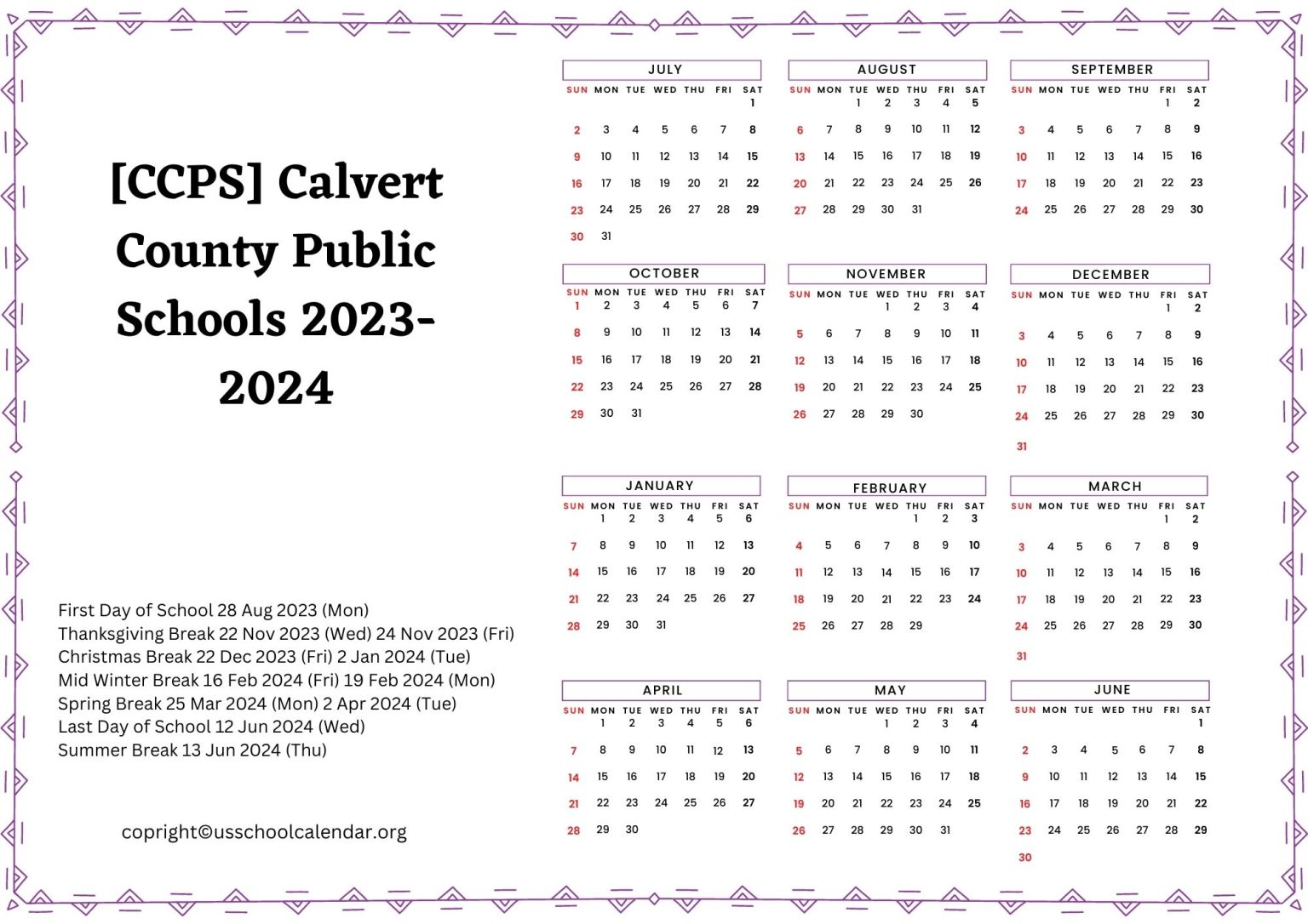  CCPS Calvert County Public Schools Calendar For 2023 2024