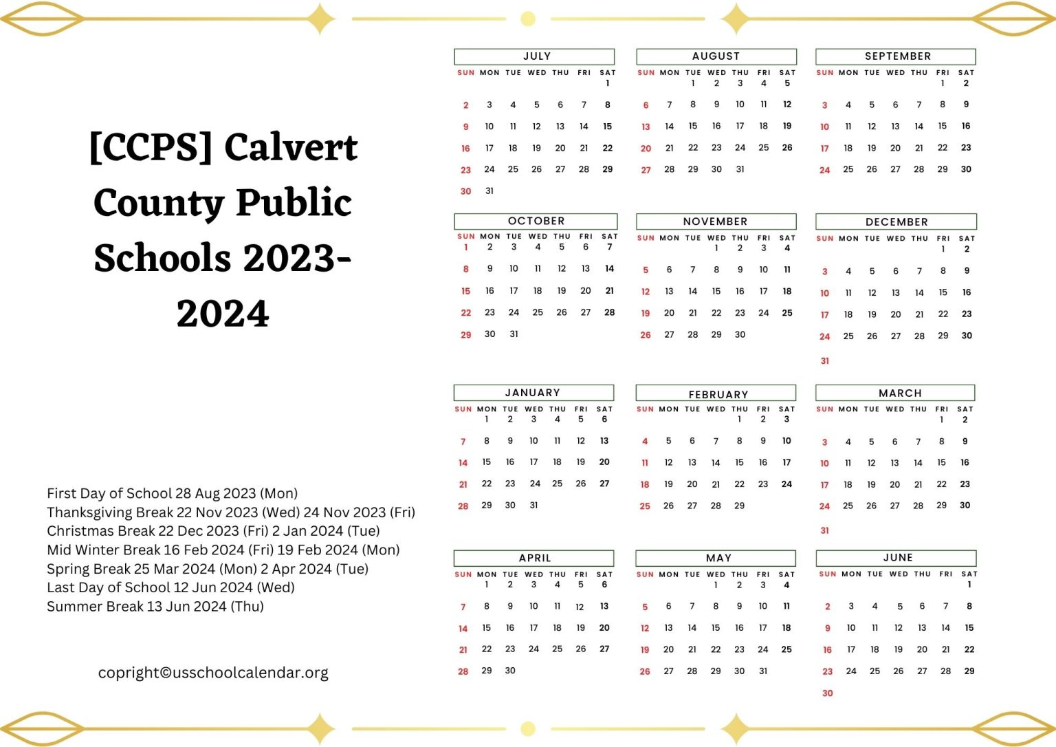CCPS Calvert County Public Schools Calendar for 2023 2024