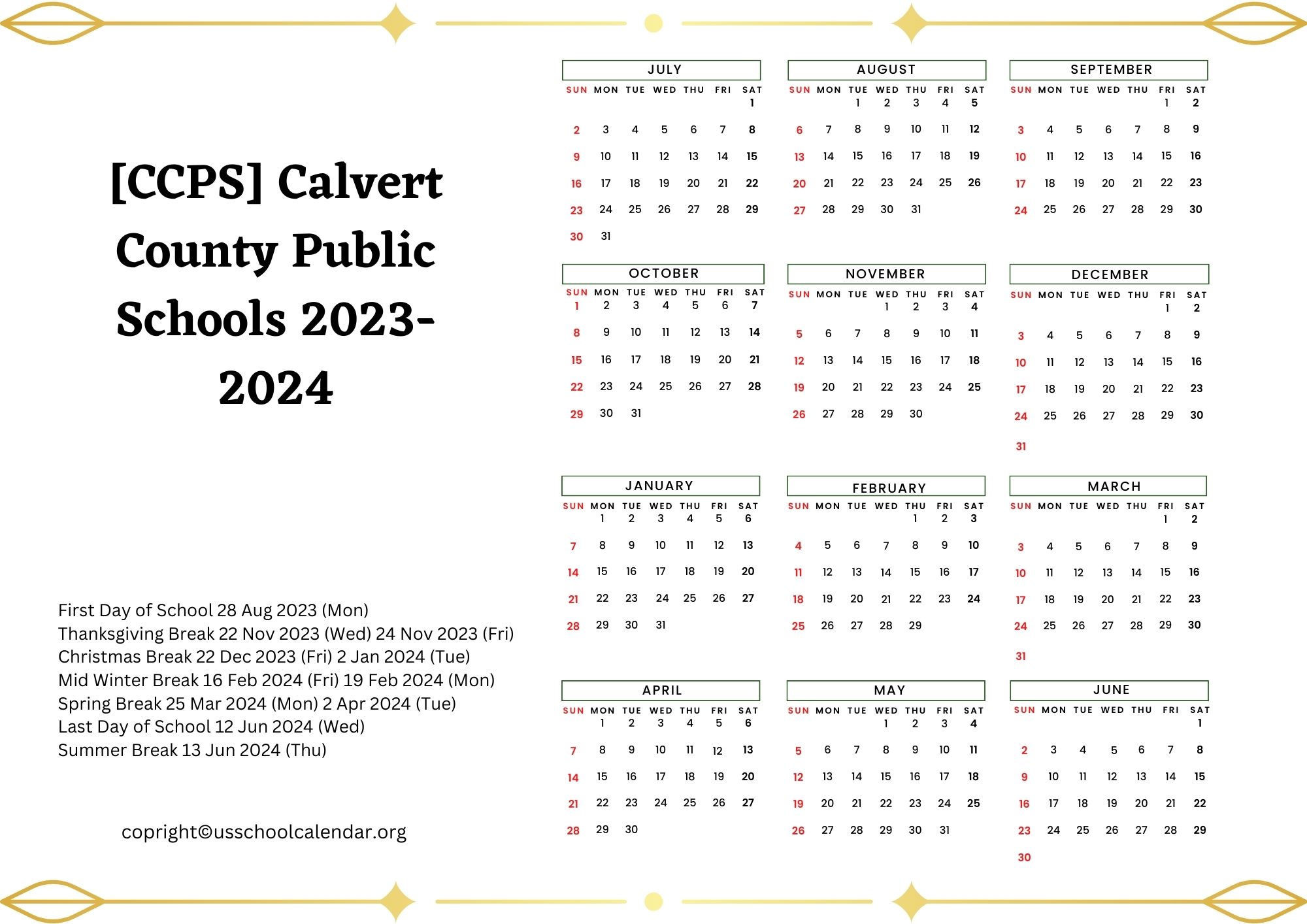  CCPS Calvert County Public Schools Calendar For 2023 2024