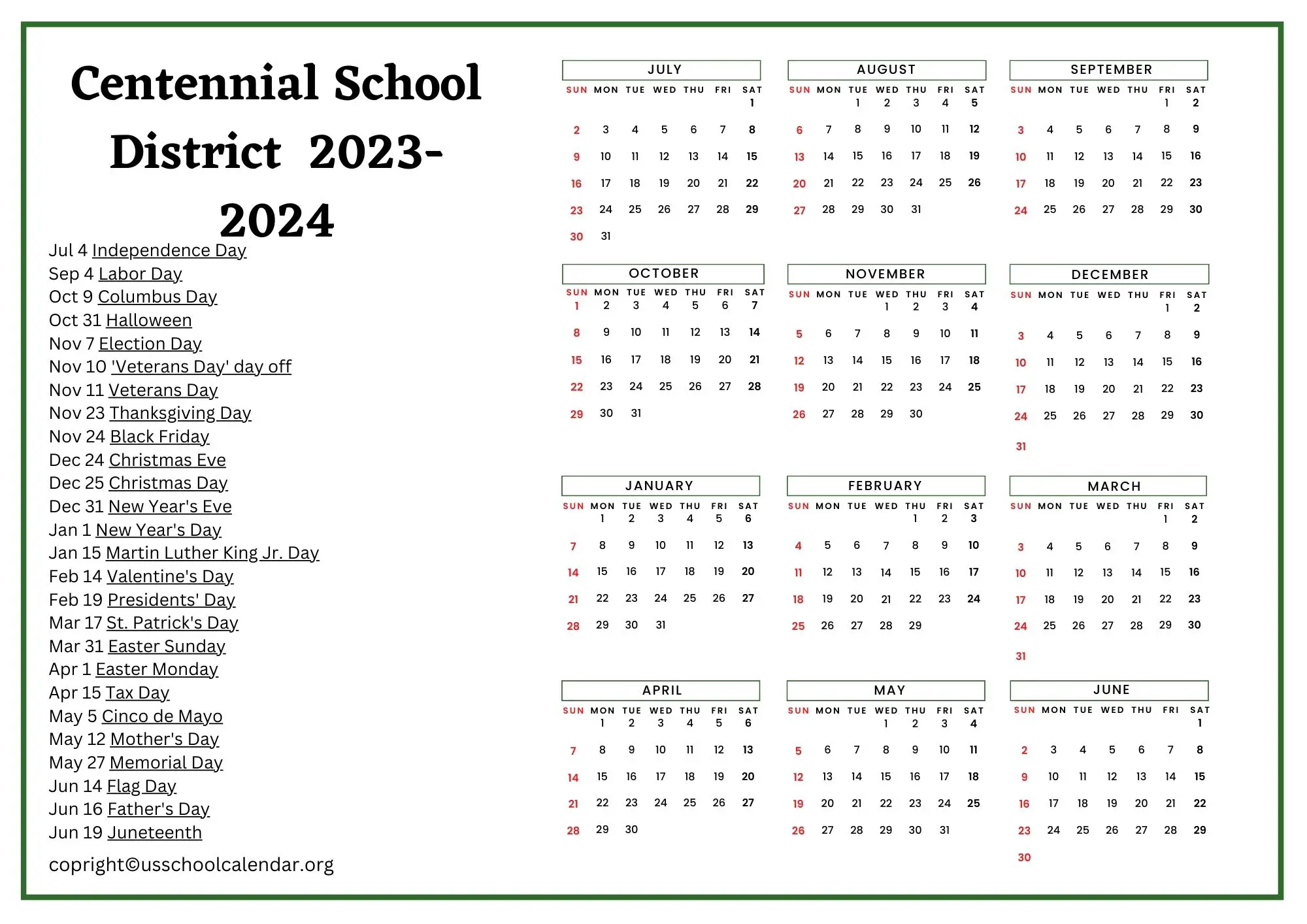 Centennial School District Calendar with Holidays 20232024