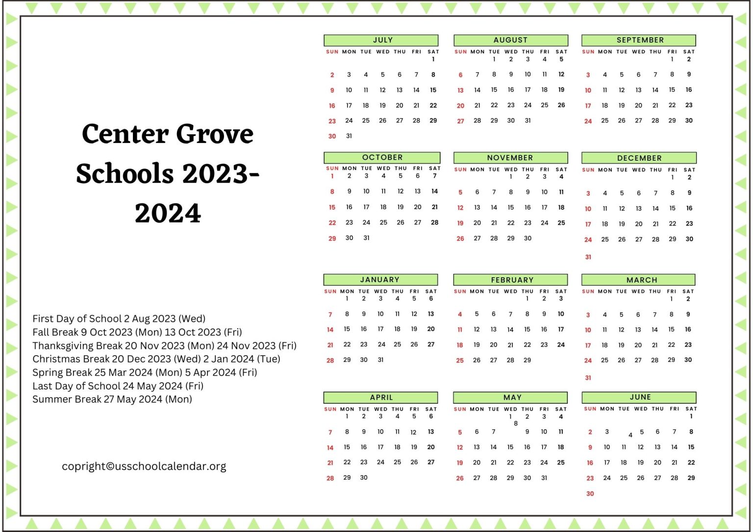 Center Grove Schools Calendar with Holidays 20232024