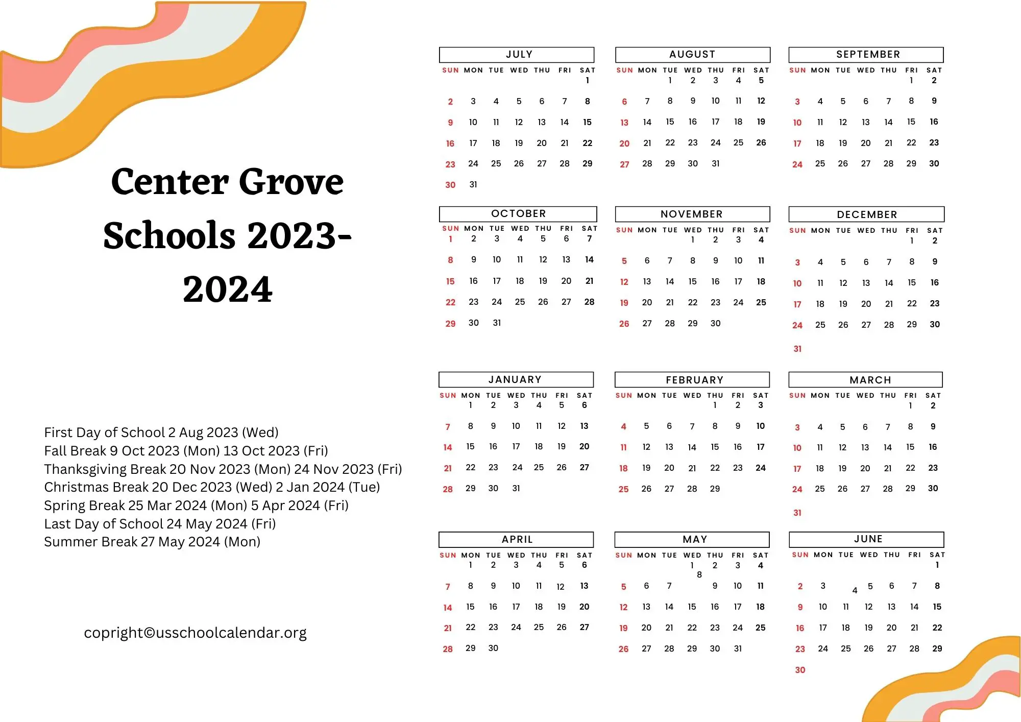 Center Grove Schools Calendar with Holidays 20232024
