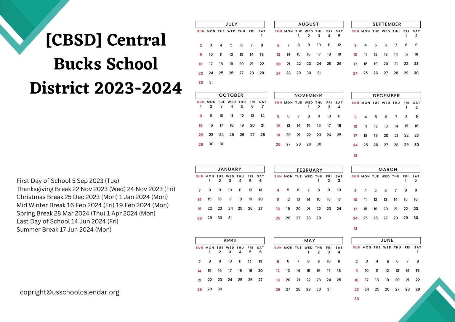 [CBSD] Central Bucks School District Calendar Holidays 20232024